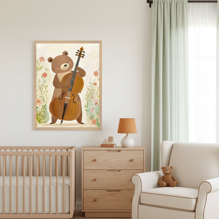 Playful painting of a brown bear holding a cello in a floral field, framed above a wooden dresser in a nursery. The room includes a light wood crib, a cozy white armchair with a teddy bear, and soft pastel curtains letting in natural light.