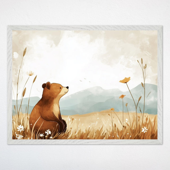 Illustration of a gentle brown bear sitting calmly in a meadow filled with soft grasses and wildflowers. The backdrop features distant mountains under a cloudy sky, evoking a peaceful and serene mood.