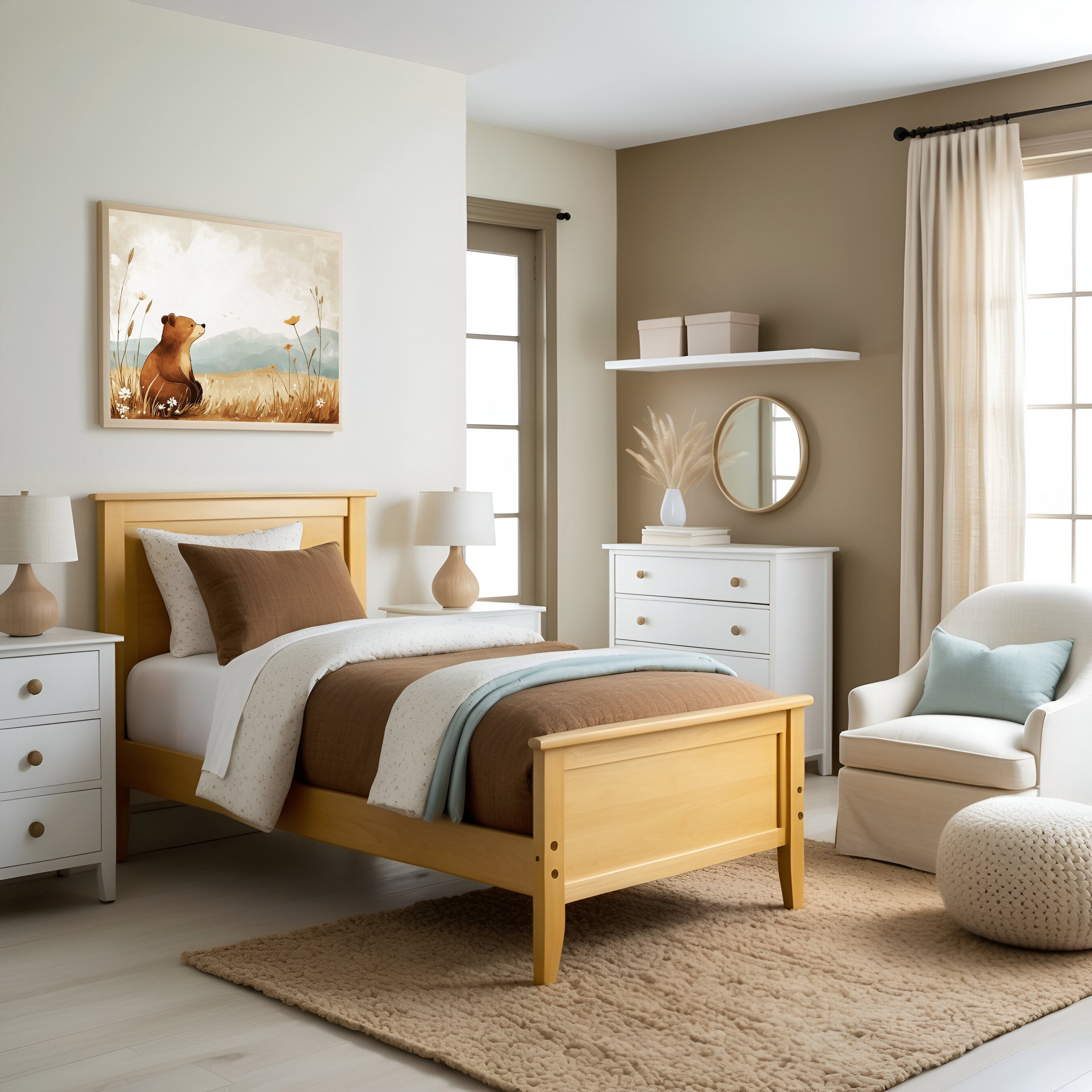 A peaceful child's bedroom with a wooden bed frame, cozy brown and white bedding, and soft blue accents. Above the bed hangs a soothing illustration of a bear in a meadow, complementing the room's neutral and nature-inspired aesthetic.