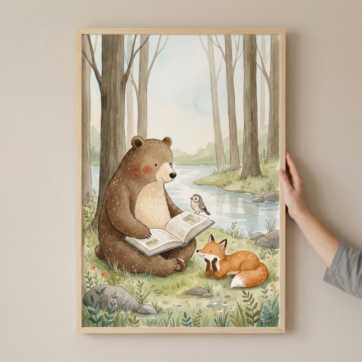 Illustration of a bear reading a book aloud to a fox and an owl by a quiet forest stream. The soft pastel background and gentle expressions create a serene and imaginative moment in nature.