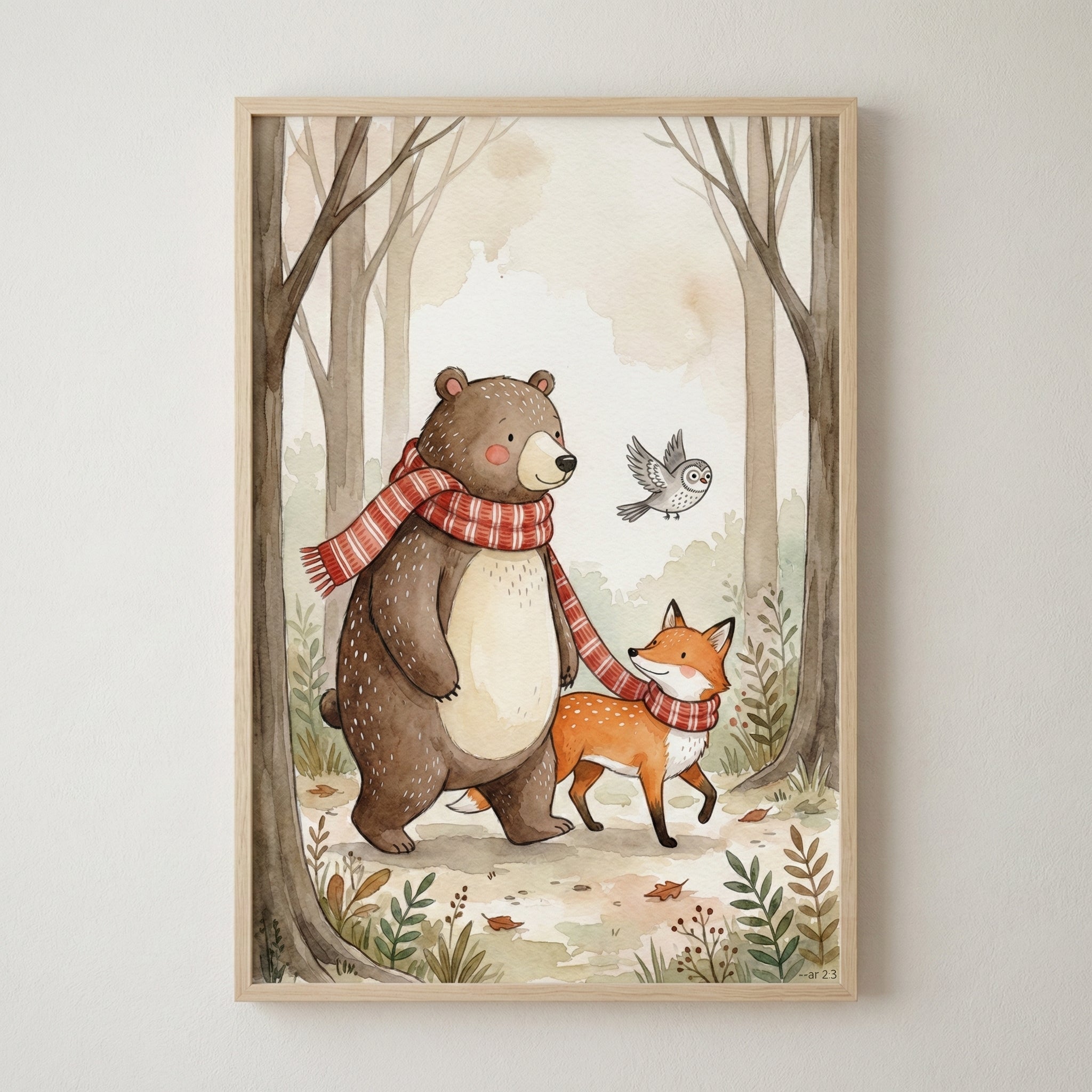 Charming fall-themed illustration of a bear and fox walking through a forest while sharing a long red scarf, with an owl flying nearby. The warm tones and fallen leaves give the scene a cozy, seasonal feel.