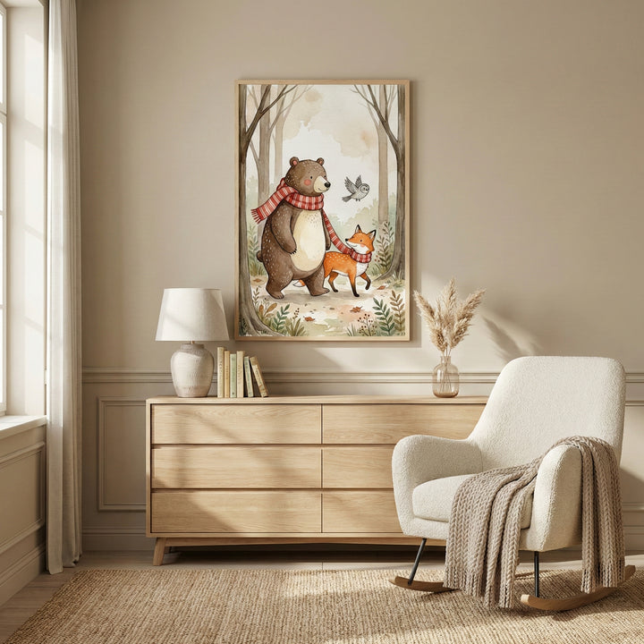 Nursery print of a bear and fox sharing a scarf hung above a natural wood dresser in a warm-toned room. The autumn forest artwork brings a sweet and playful mood to the space.