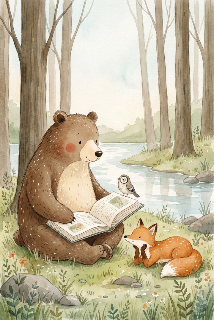 A friendly bear sits by a forest stream reading a book aloud to a fox lying on the grass and a small bird perched on the open pages. Surrounded by tall trees, flowers, and soft greenery, the woodland scene feels peaceful and storybook-like.