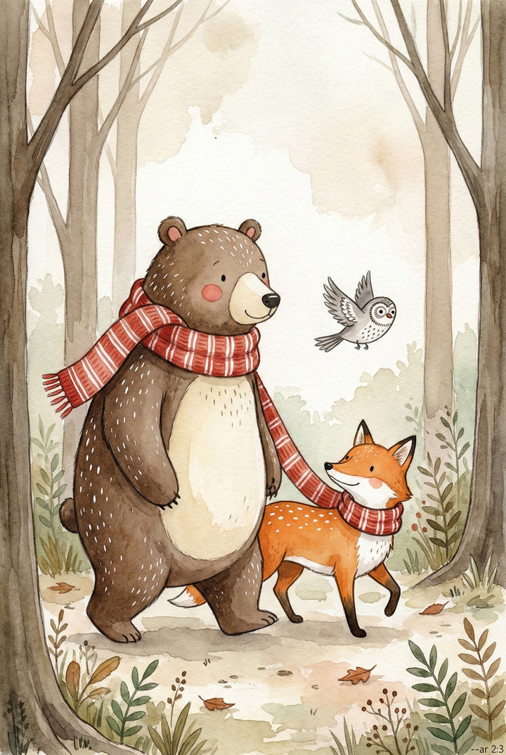 A bear and fox walk side by side through an autumn forest, sharing a long red scarf wrapped around both their necks, while a small owl flies nearby. Fallen leaves and soft trees set a cozy, woodland scene filled with warmth and friendship.