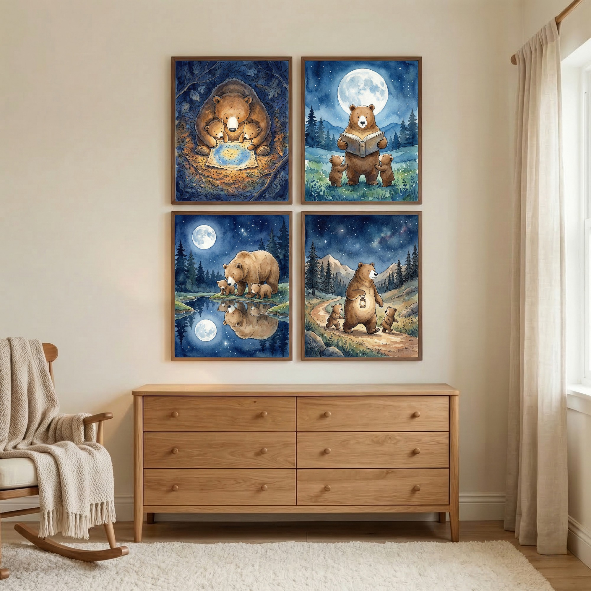 Starry Night Bear Family Wall Art Set of 4 - Starry Forest Journey