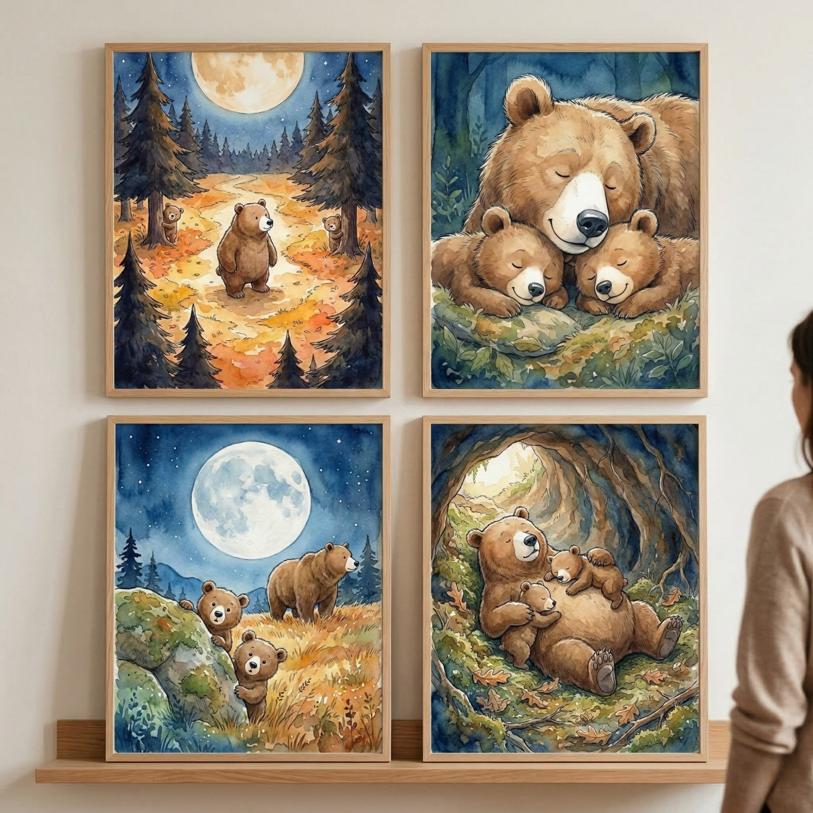 Four framed watercolor bear illustrations are displayed on a narrow shelf while a person stands to the side looking at them. The scenes show a bear family walking under a full moon on an autumn forest path, sleeping cuddled together, peeking out from behind rocks in moonlight, and resting inside a hollow tree surrounded by leaves and roots.