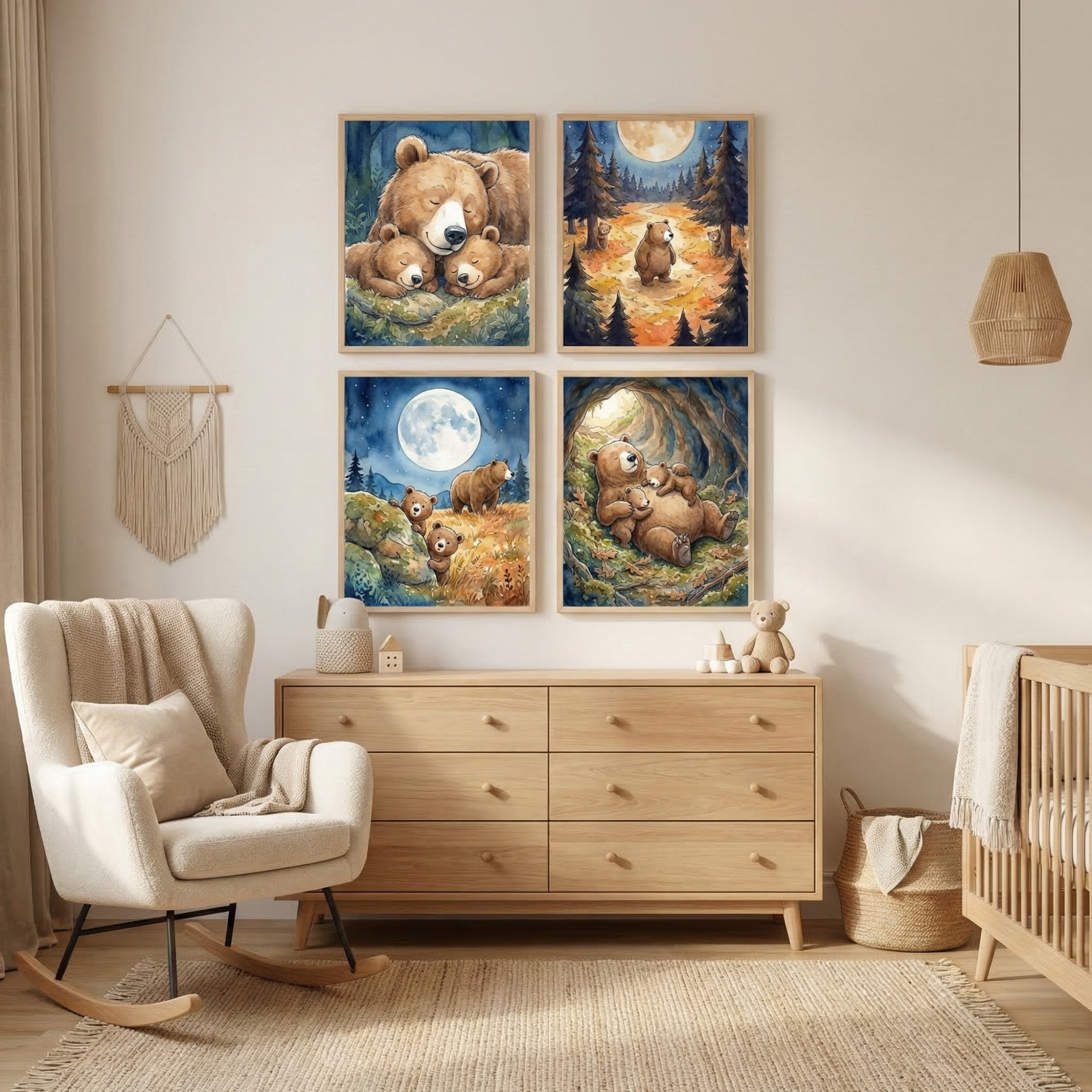 Watercolor Brown Bear Family Wall Art Set of 4 - Cozy Bear Family