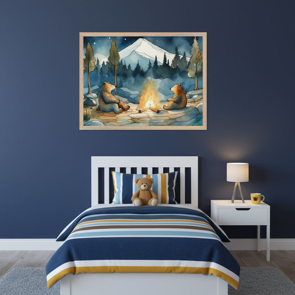 Kid's bedroom with a dark blue wall. A framed watercolor painting of two bears by a campfire under a snowy mountain and starry sky hangs centered above a white bed with striped bedding. A teddy bear sits on the pillow, and a white nightstand with a lamp is beside the bed.