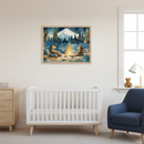 Modern nursery with a white crib, light wood dresser, and blue armchair. A framed watercolor painting of two bears by a campfire with a mountain and trees hangs centered above the crib.
