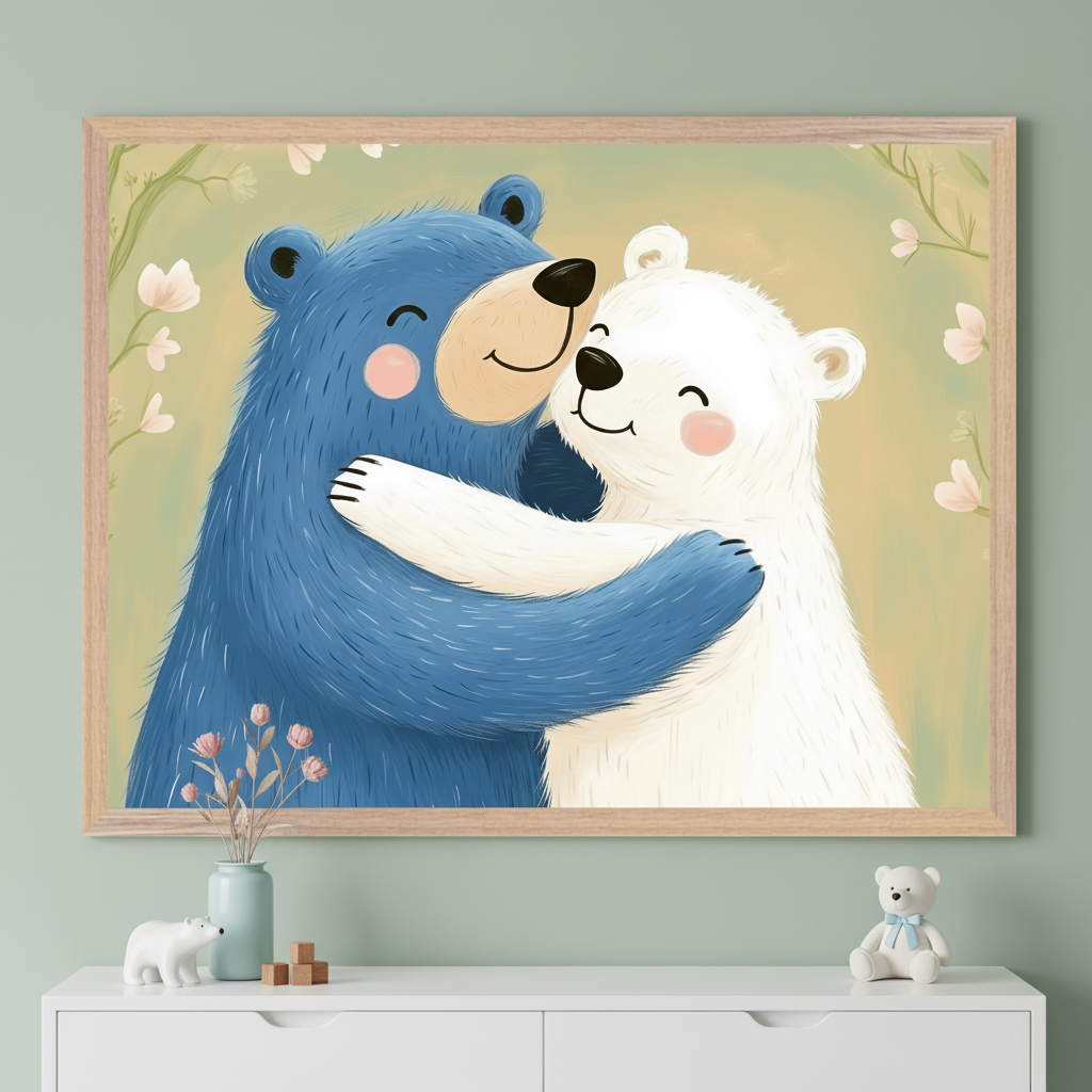 Modern kid's room with a white dresser. A large framed illustrative print of a smiling blue bear hugging a smiling white bear, with pink flowers, hangs centered above. On the dresser: a polar bear figurine, vase with flowers, wooden blocks, and a teddy bear.