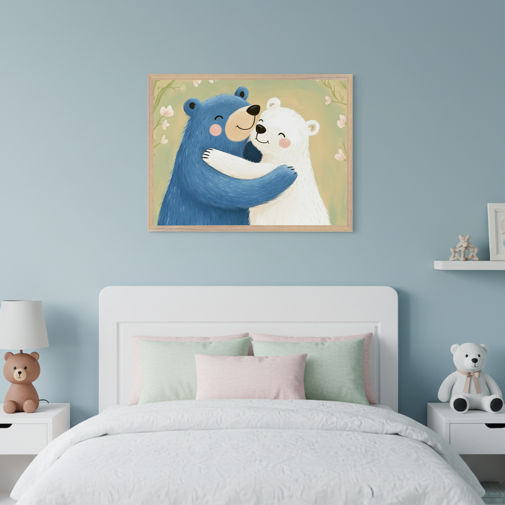 Kid's bedroom with a white bed against a light blue wall. A framed cartoon illustration of a blue bear hugging a white bear, with pink flowers, hangs centered above the bed. White nightstands are on either side.