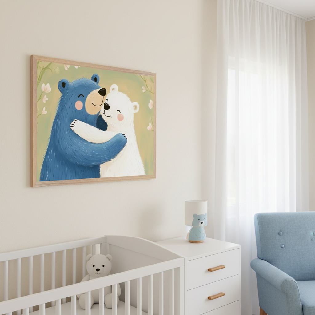 Modern nursery with a light cream wall. A framed print of a blue cartoon bear hugging a white cartoon bear hangs above a white crib and white dresser. A white teddy bear is in the crib, and a blue bear lamp is on the dresser. A light blue armchair sits to the right, next to sheer white curtains.