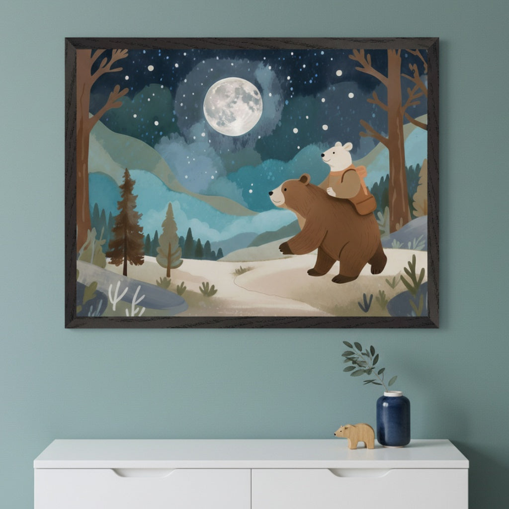 A framed print shows a small white bear riding on a brown bear’s back as they walk through a wintry forest beneath a glowing full moon and star-filled sky. The soft blues and muted earth tones create a magical nighttime woodland scene.
