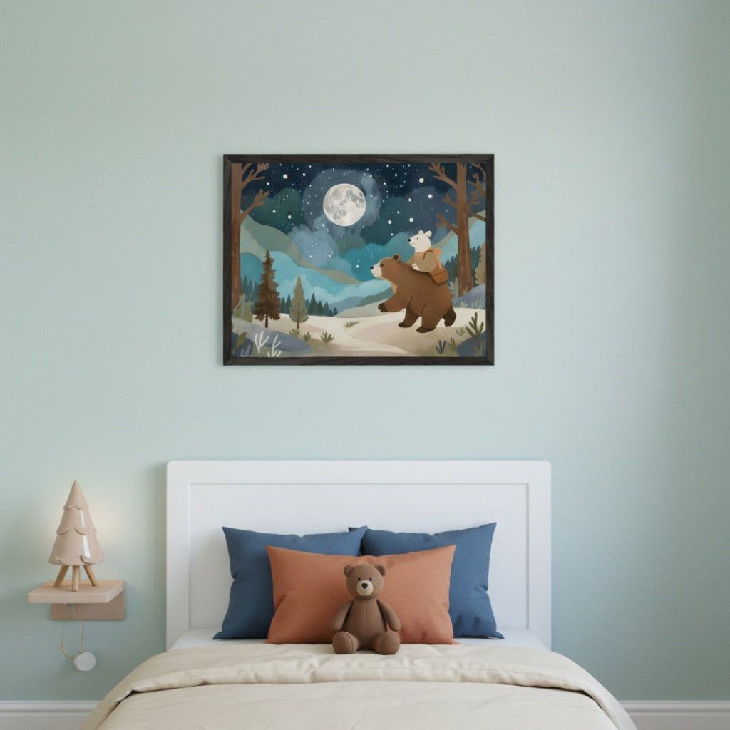 Kid's bedroom with a white bed and light green wall. A framed illustration of a brown bear carrying a white cub through a snowy night forest under a full moon and stars hangs centered above the bed. A teddy bear sits on the bed, and a tree-shaped lamp is on a shelf.