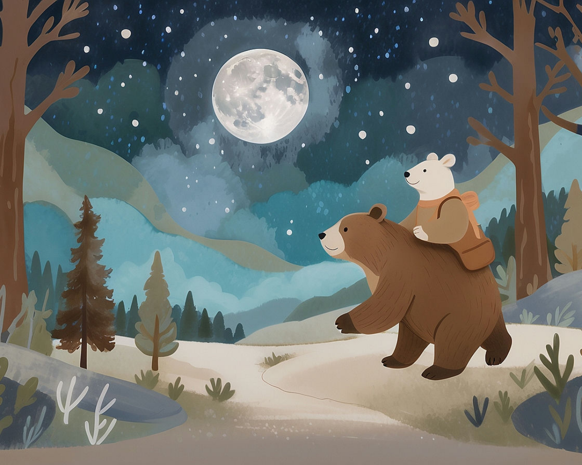 A whimsical illustration of a brown bear carrying a small white bear with a backpack on its back, walking through a serene forest under a starry night sky. The full moon illuminates the scene, with gentle hills and tall trees surrounding the path.