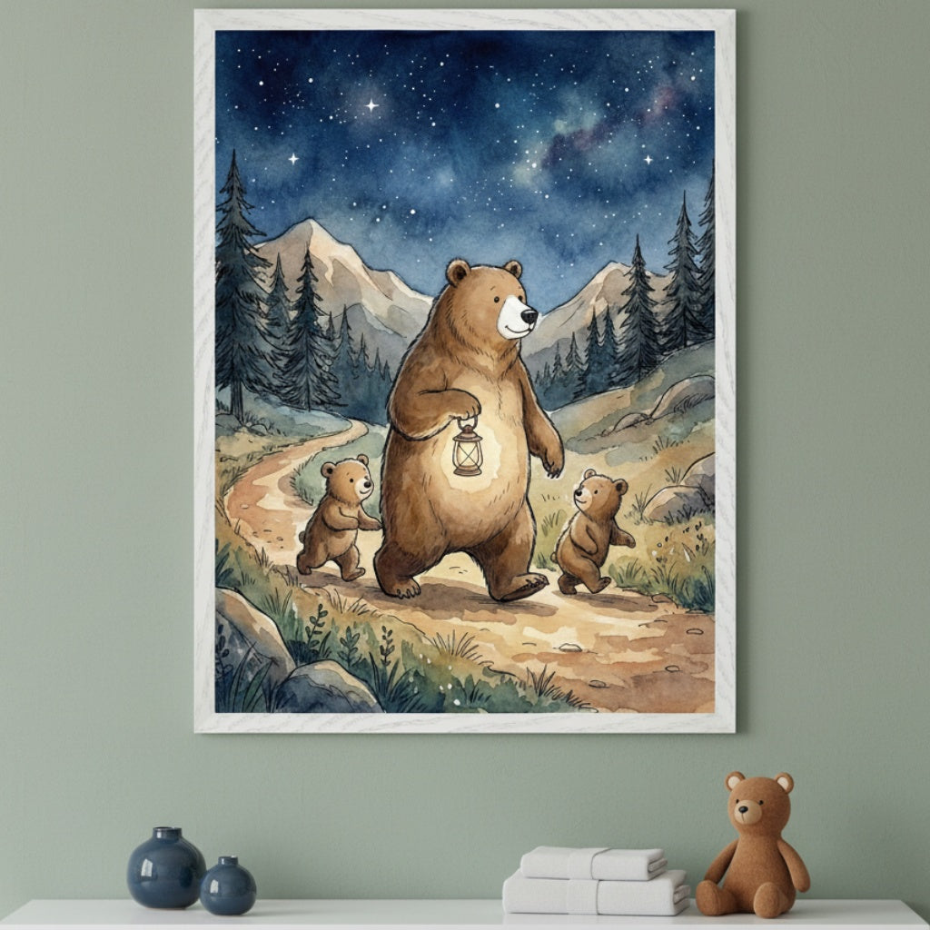 Kid's room with a sage green wall. A white shelf below features blue vases, folded towels, and a teddy bear. A framed watercolor painting depicting a mama bear with a lantern and two cubs walking a path under a starry sky with mountains, hangs centered above the shelf.