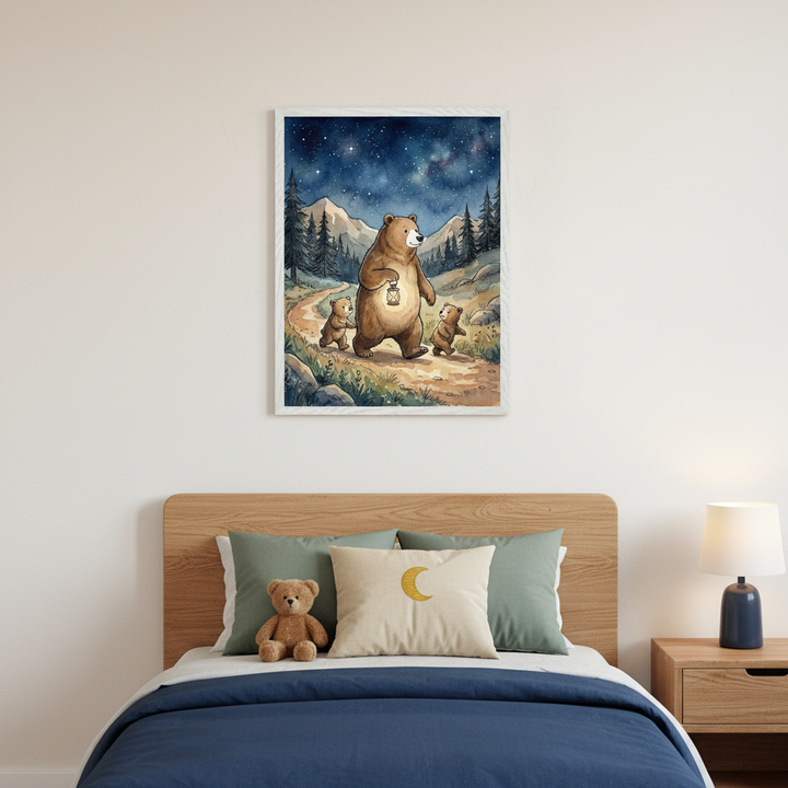 Modern bedroom with a wooden bed, blue duvet, and pillows. A teddy bear sits on the bed. Above it, a framed watercolor of a bear with a lantern and two cubs walking under a starry night sky. A wooden nightstand and blue lamp are on the right.