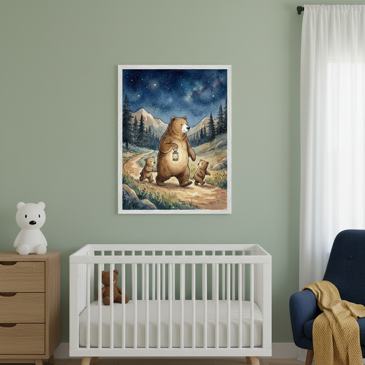 Nursery with sage green walls, a white crib, wood dresser, and blue armchair. A large framed watercolor of a parent bear with two cubs walking on a path at night under a starry sky, holding a lantern, hangs above the crib.