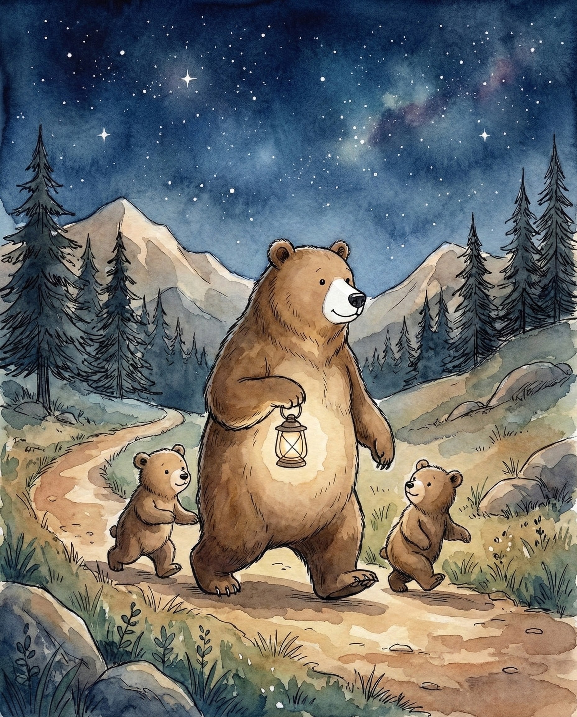 A parent bear walking along a mountain path holding a lantern with two bear cubs following closely under a starlit sky showing care protection and love through their nighttime journey of bear family friendship
