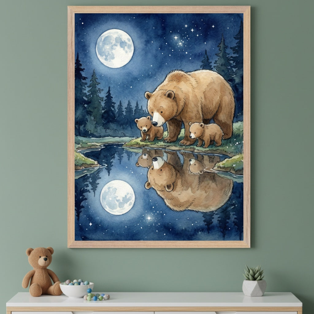 Kid's room with a white dresser against a green wall. A framed watercolor painting of a mother bear and two cubs by a moonlit lake with reflections hangs above the dresser. A teddy bear and succulent are on the dresser.