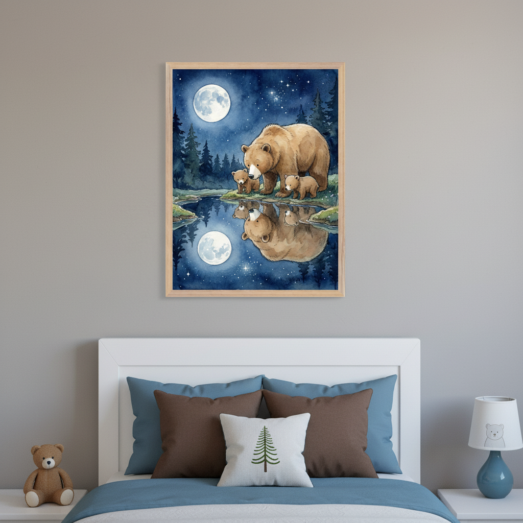 Kid's bedroom with a white headboard bed, blue bedding, and brown/white pillows. A framed watercolor of a mama bear and two cubs by a moonlit, starry lake with reflections, hangs above the bed. A teddy bear and a bear-themed lamp are on a white nightstand.