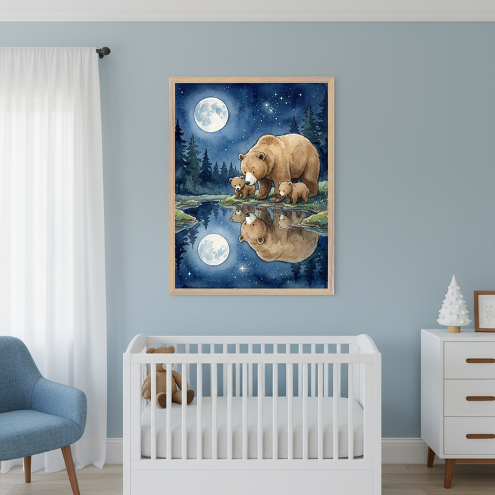 Modern nursery with a white crib and blue armchair. A framed watercolor painting of a mama bear and two cubs by a moonlit lake, with their reflection, hangs on a light blue wall above the crib. A white dresser is on the right.