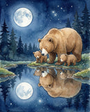A mother bear and her two cubs standing beside a calm river at night with their reflections and the glowing full moon mirrored in the water capturing a tender moment of love trust and togetherness in bear family friendship
