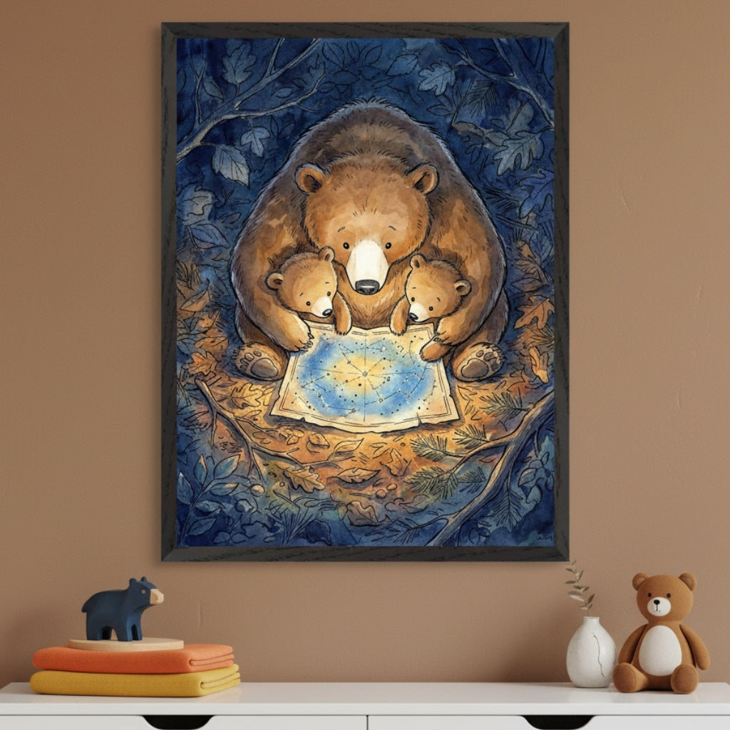 Kid's room with a warm brown wall and a white dresser. A large framed watercolor illustration of a brown mother bear and two cubs looking at a glowing star map in a dark forest hangs above the dresser. A wooden bear and a teddy bear sit on the dresser.