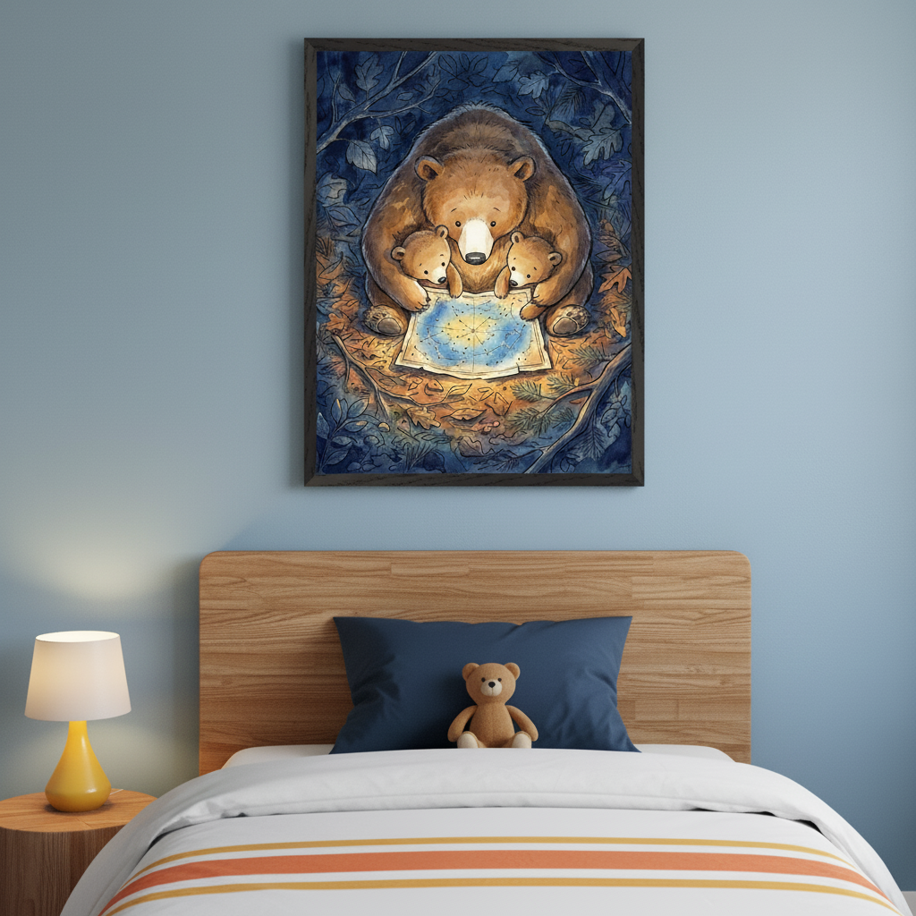 Kid's bedroom with a wooden headboard bed. A large framed watercolor painting of a mother bear and two cubs looking at a star map in a forest hangs above the bed. A small wooden side table with a yellow lamp is to the left.