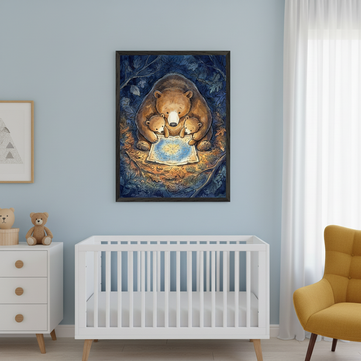 Modern nursery with a white crib, dresser, and yellow armchair. A large framed print of a brown bear and two cubs looking at a glowing star map hangs on a light blue wall, centered above the crib. The artwork is in an illustrative style with warm lighting.