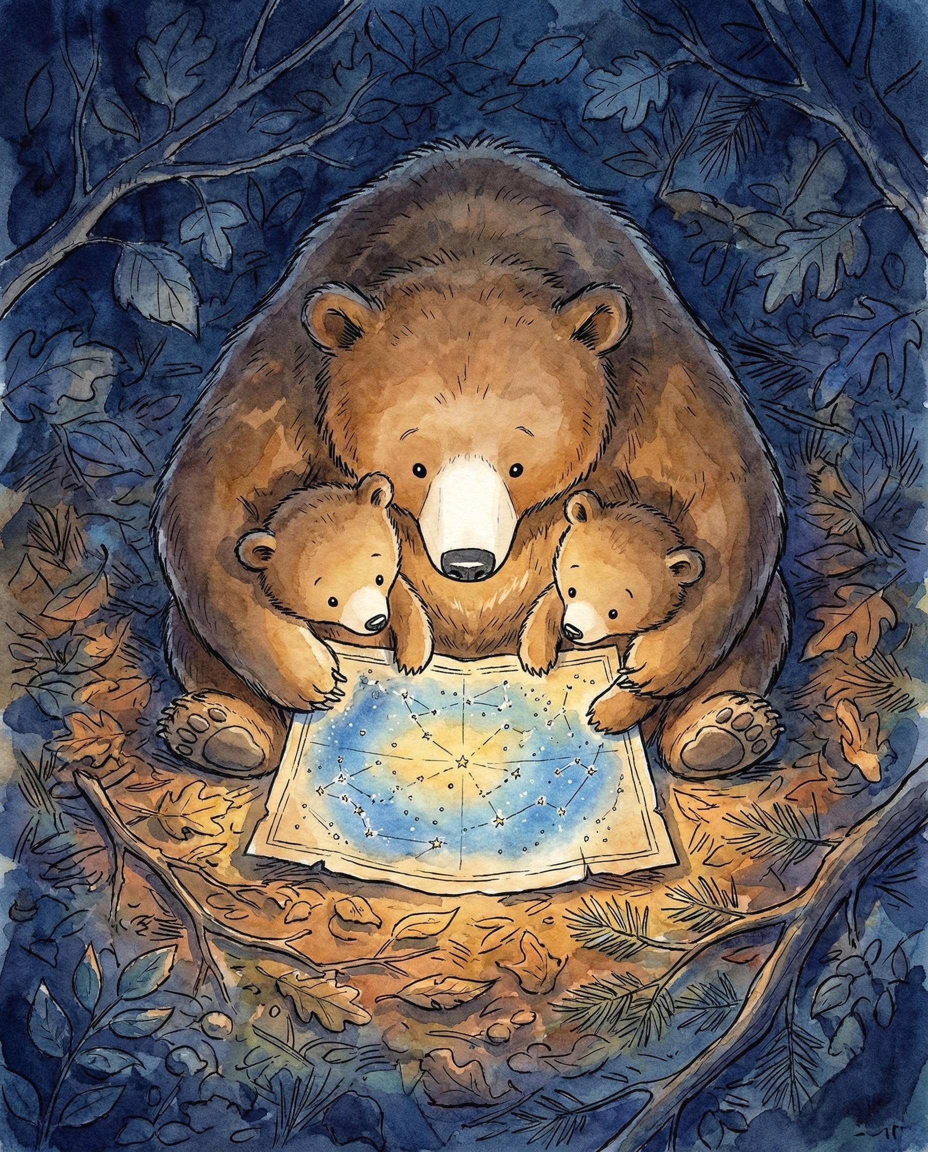 A cozy nighttime scene of a bear cuddling two cubs as they huddle around a glowing star map in a forest clearing surrounded by fallen leaves illustrating a tender moment of bear family love and learning under the night sky
