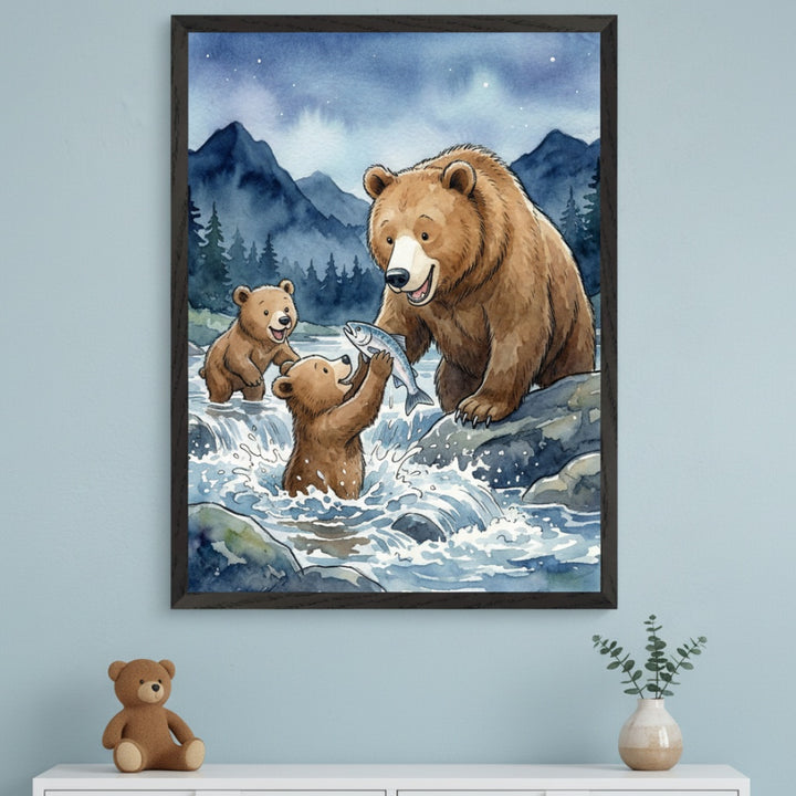 Kid's bedroom with a light blue wall and a white dresser. A large framed watercolor painting of a brown bear family shows a parent bear on a rock offering a fish to a cub in a river, with another cub nearby. It hangs centered above the dresser, which holds a teddy bear and a plant.