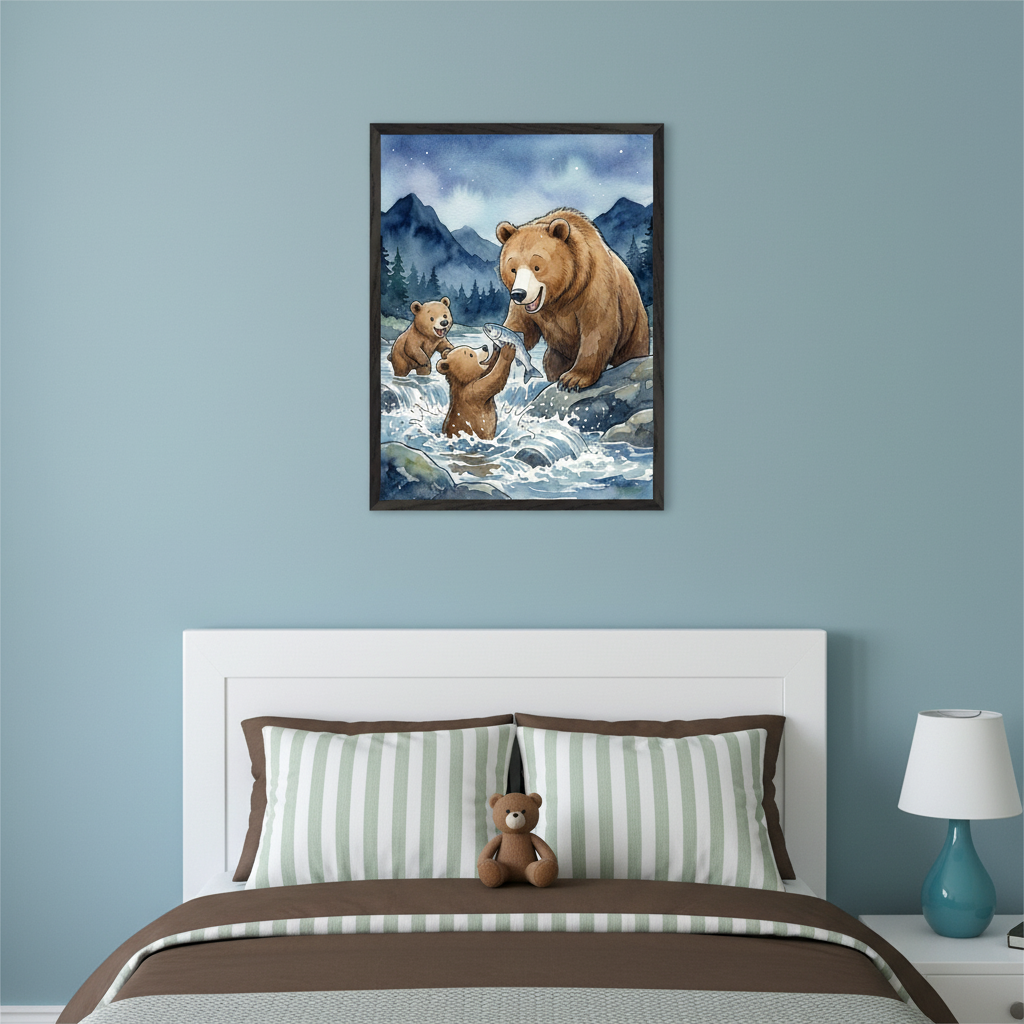 Kid's bedroom with a white headboard bed, striped pillows, and a brown teddy bear. A framed watercolor of a mother bear and two cubs fishing in a river, with mountains and a starry sky, hangs above the bed, slightly right of center.