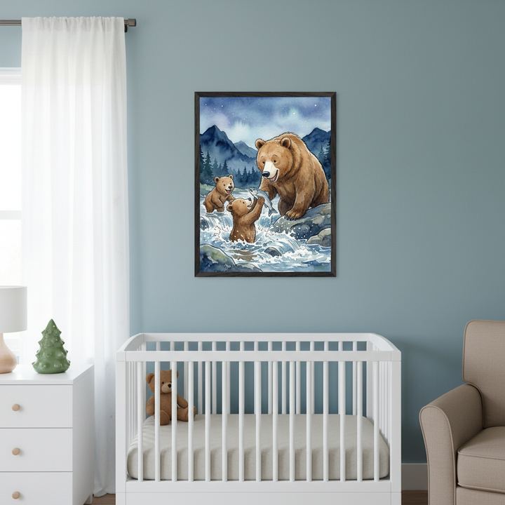Modern nursery with a white crib, white dresser, and beige armchair. A framed watercolor painting of a brown mother bear and two cubs catching fish in a river with mountains hangs on the blue wall above the crib.