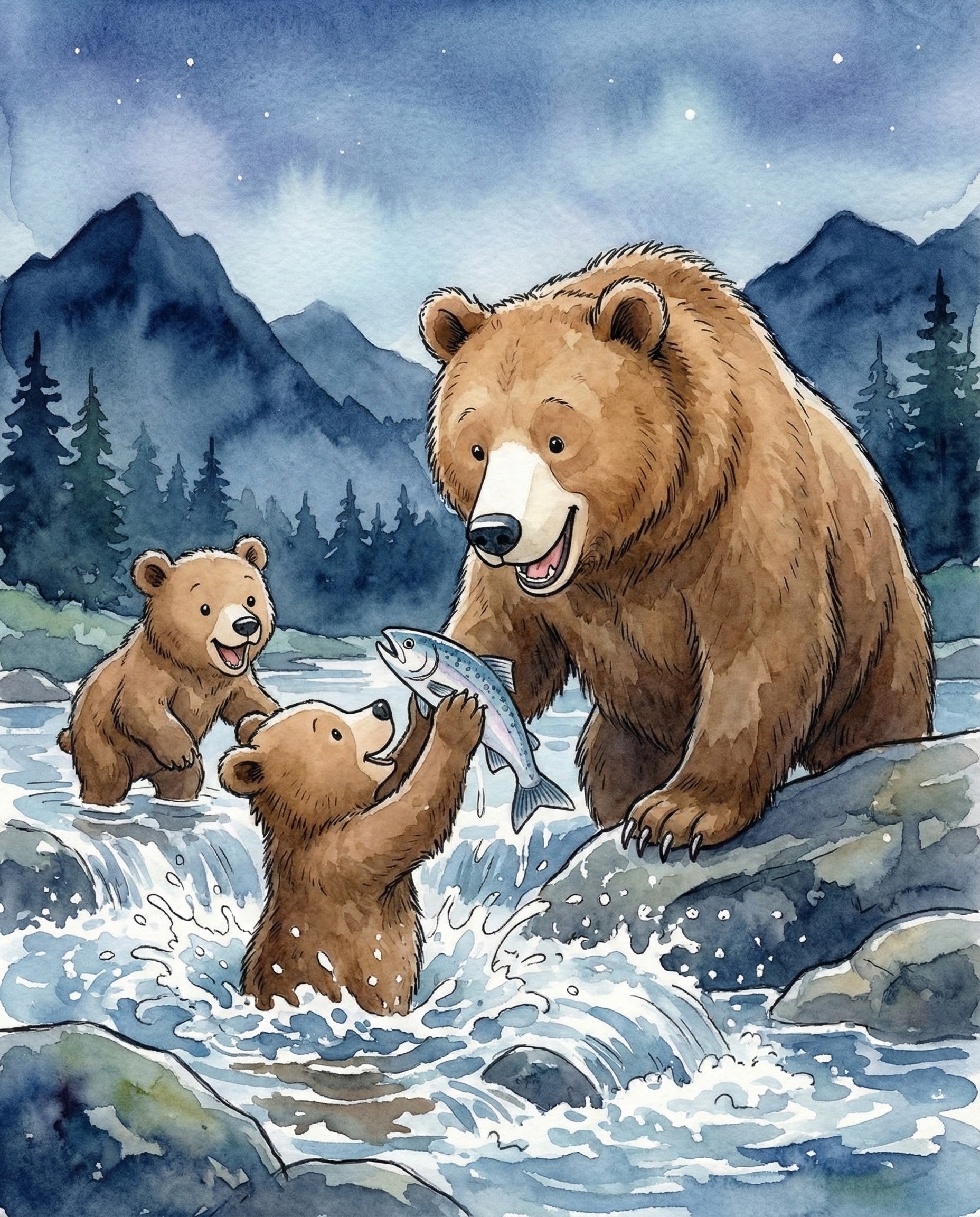 An excited bear cub holding up a freshly caught fish to a smiling adult bear while another cub watches in a splashing stream backed by mountains capturing the joy of shared success and the love and friendship within a bear family
