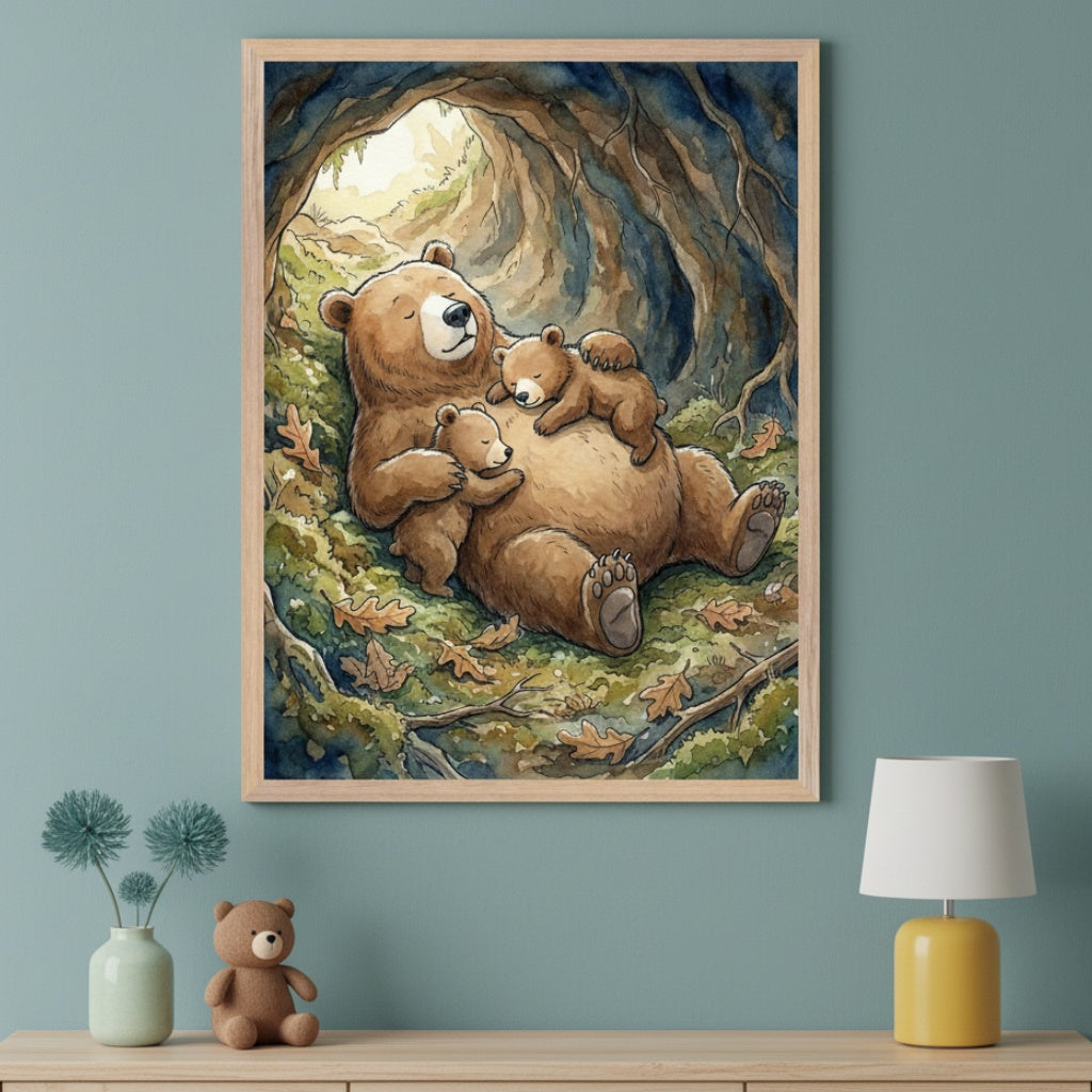 Modern room with a light wood dresser. A large framed watercolor painting of a brown mama bear and three cubs sleeping in a forest cave hangs centered above the dresser. The wall is teal.