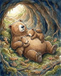A peaceful image of a bear sleeping inside a cozy den with two cubs curled up on its belly surrounded by fallen leaves and moss showing the comfort and warmth of family love and close bear friendship in the wilderness
