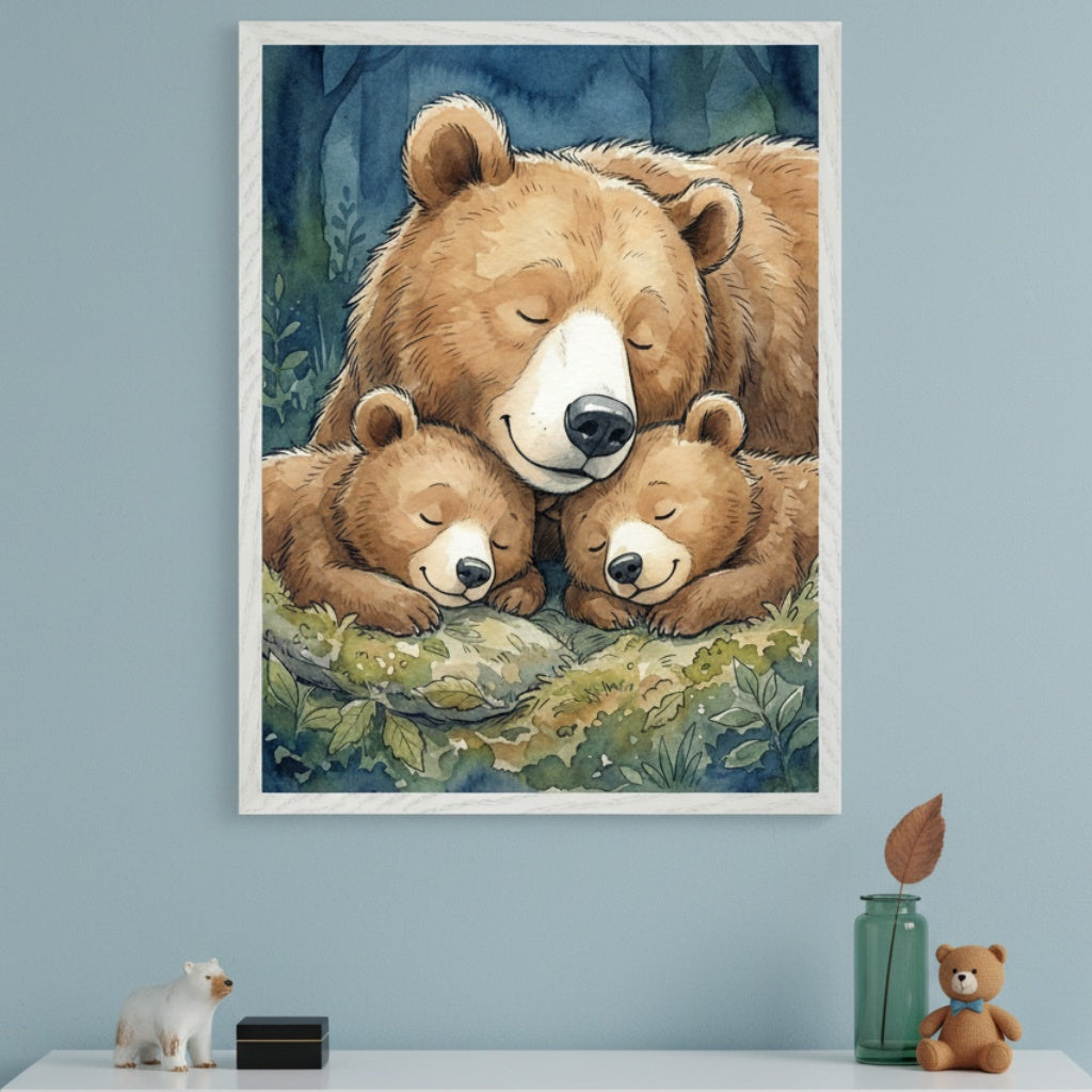 Kid's room with a white shelf against a light blue wall. A framed watercolor painting of a sleeping mother bear and two cubs on mossy ground hangs centered above the shelf. A white polar bear figurine, black box, green vase with a leaf, and a small teddy bear are on the shelf.