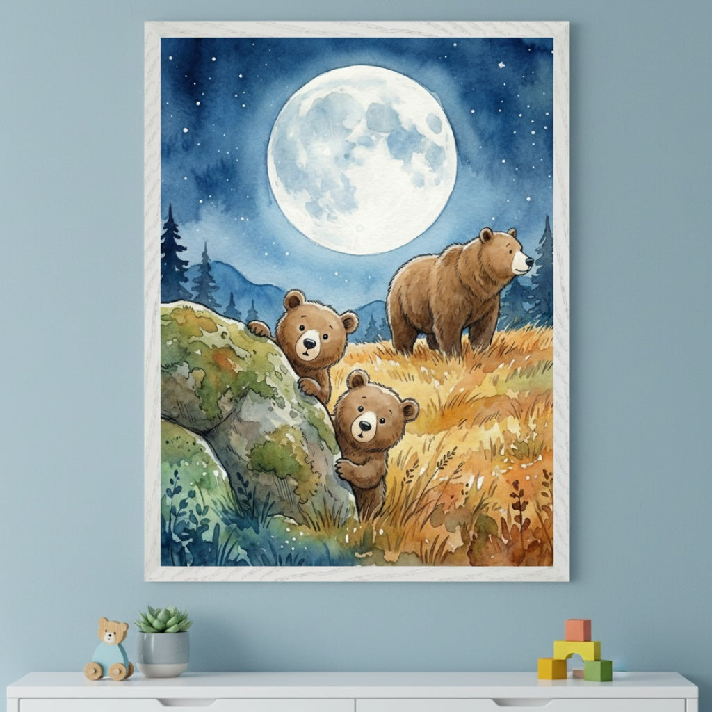 Kid's room with a light blue wall. A large framed watercolor painting of a full moon, an adult bear, and two bear cubs peeking from behind a rock in a grassy field at night hangs above a white dresser with toys.