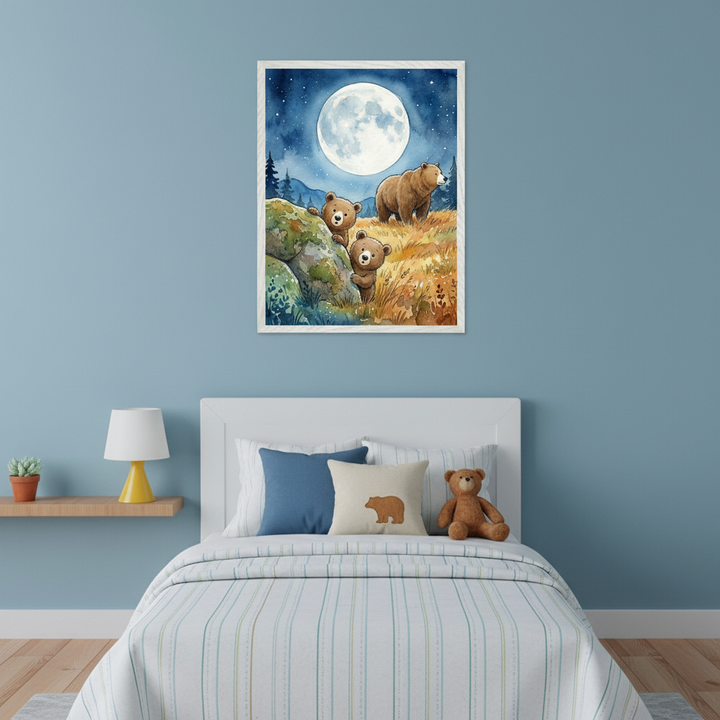 Kid's bedroom with a white bed, striped bedding, and a bear-print pillow. A framed watercolor painting showing a large bear and two cubs under a full moon and starry sky hangs centered above the bed. A yellow lamp and plant sit on a wall shelf.