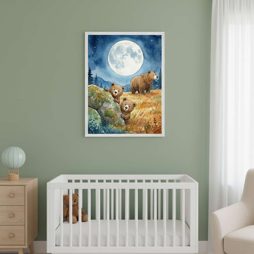 Modern nursery with a white crib, wooden dresser, and armchair. A framed watercolor painting of three bears on a hill under a full moon hangs on the green wall above the crib.