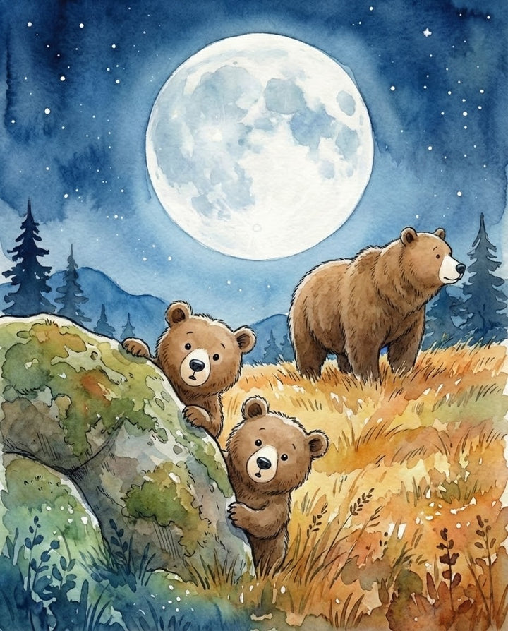 A sweet nighttime illustration of two bear cubs peeking from behind a mossy rock while an adult bear stands in a field of golden grass under a bright full moon showing a playful and loving moment of bear family friendship in the wild
