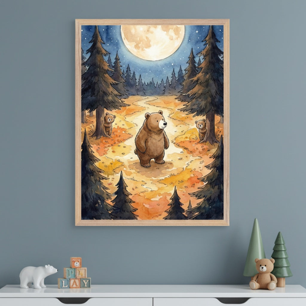 Modern kid's room with a white dresser against a blue-gray wall. A framed watercolor illustration hangs centered above the dresser, depicting a brown bear on a path in a moonlit forest with smaller bears and trees.