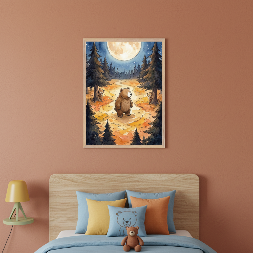 Kid's bedroom with a terracotta wall, a light wood bed, and blue bedding. A framed watercolor illustration of a large bear and two cubs in an autumn forest under a full moon hangs centered above the bed.