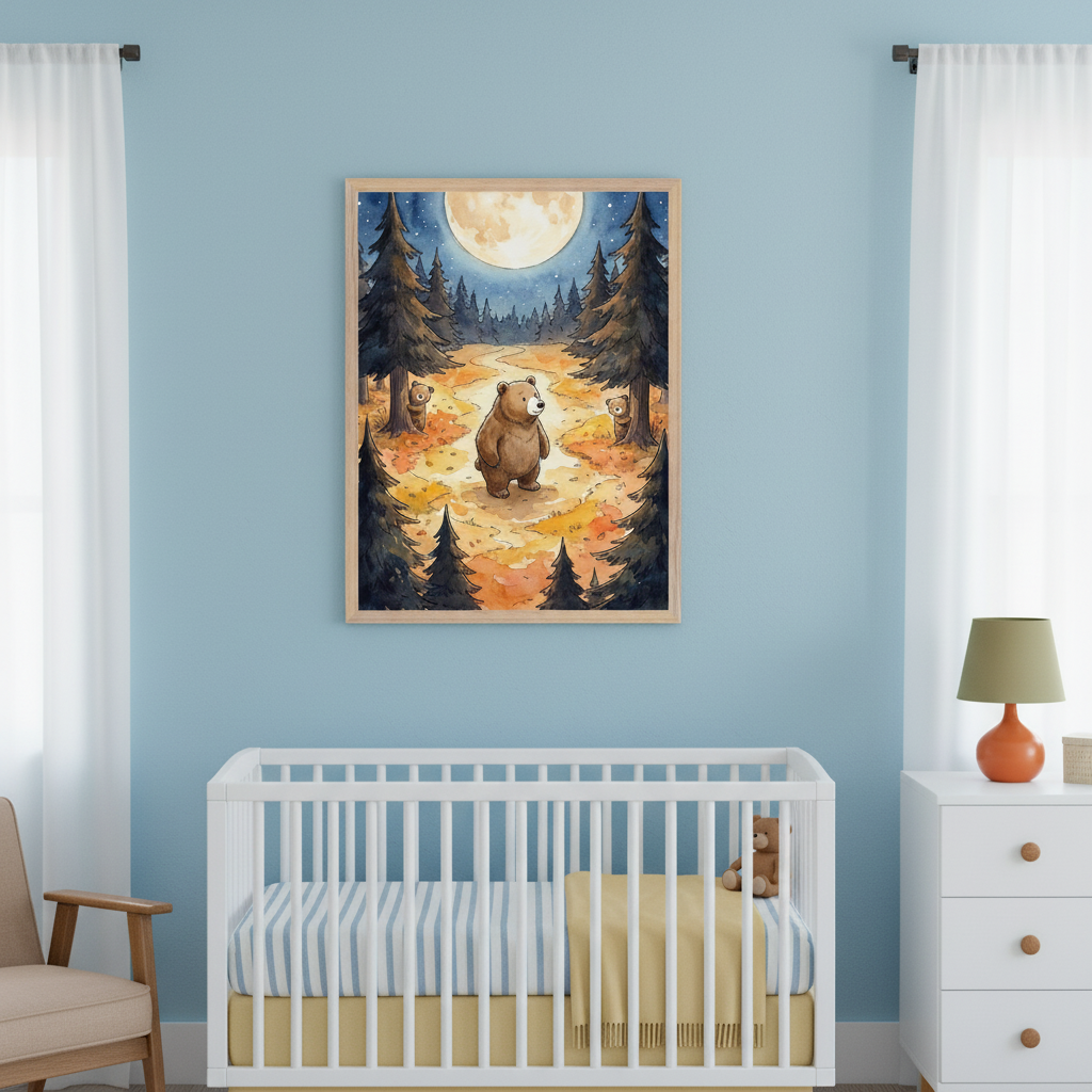 Modern nursery with light blue walls. A framed watercolor painting of a brown bear and two cubs on a path in a fall forest under a full moon hangs above a white crib with striped bedding. A white dresser is on the right, and a beige armchair on the left.

