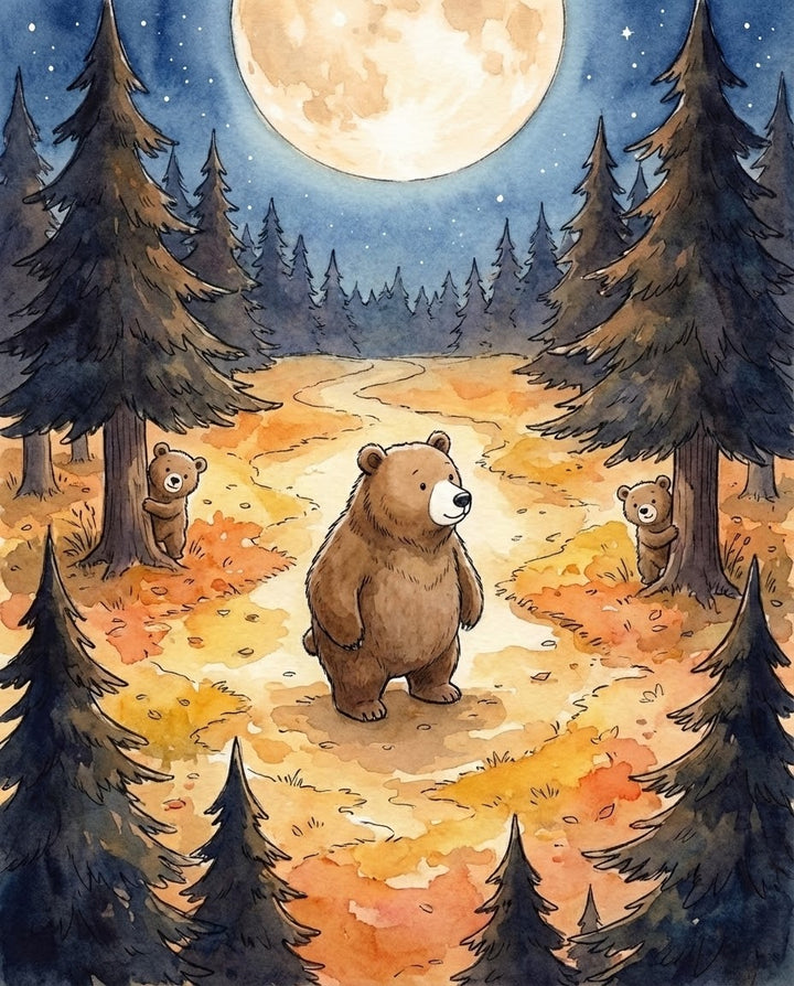 A charming scene of a bear walking along a moonlit forest path while two cubs playfully hide behind trees surrounded by autumn leaves capturing the fun joy and deep love of bear friendship in a magical woodland setting

