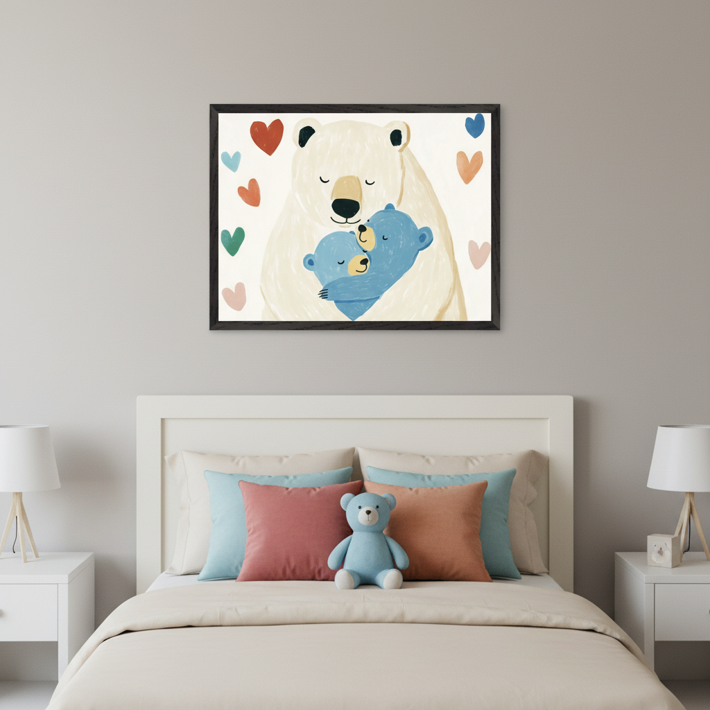 Kid's bedroom with a white headboard bed, cream bedding, and pastel pillows. A blue teddy bear sits on the bed. A black-framed illustration of a large white polar bear hugging two smaller blue bears, surrounded by colorful hearts, hangs centered above the bed. White nightstands with lamps flank the bed.
