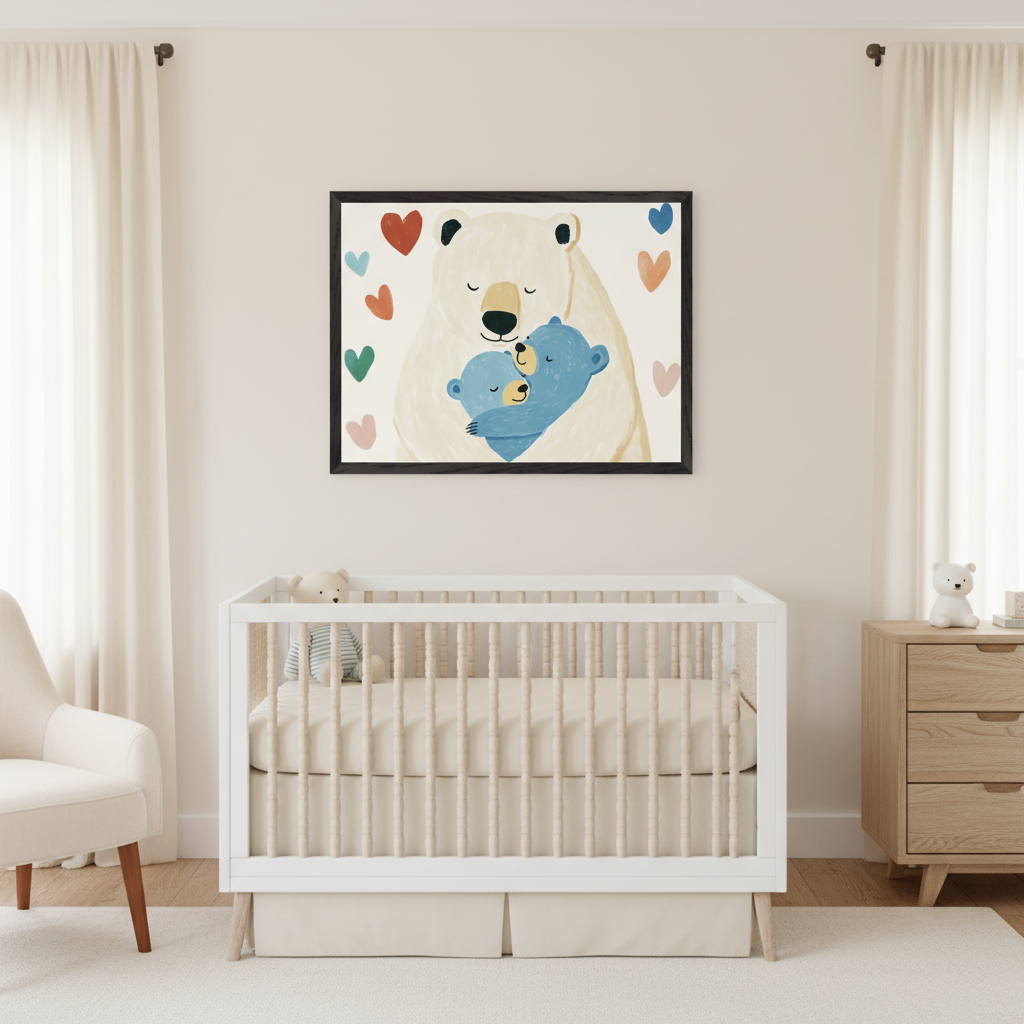 Modern nursery with a white crib, light wood dresser, and armchair. A framed illustration of a cream-colored bear hugging a blue bear, surrounded by colorful hearts, hangs centered above the crib.