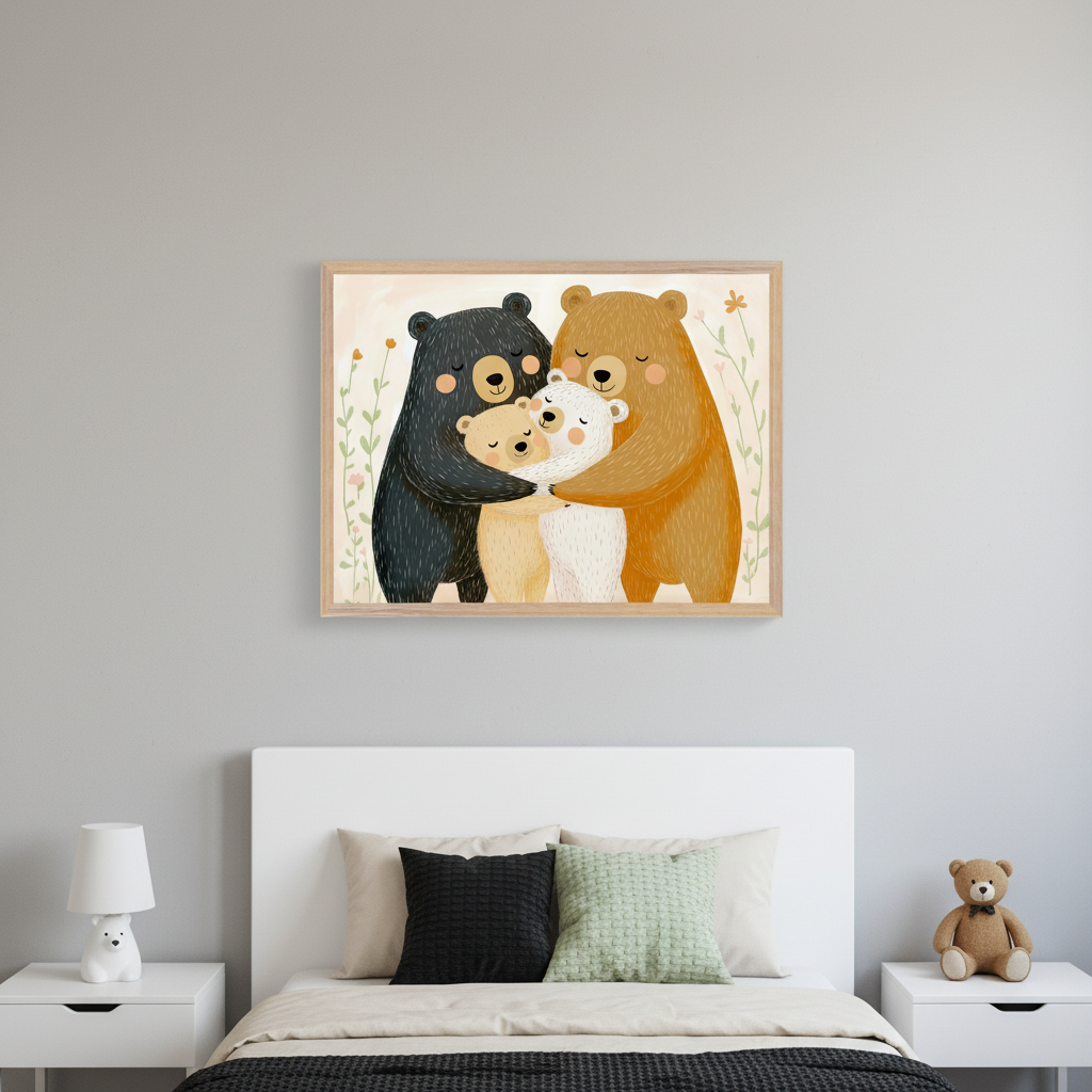 Kid's bedroom with a white headboard bed and two nightstands. A framed illustration of a black, brown, and white bear family hugging, with a light brown cub, hangs above the bed on a gray wall. A bear lamp and teddy bear are on the nightstands.