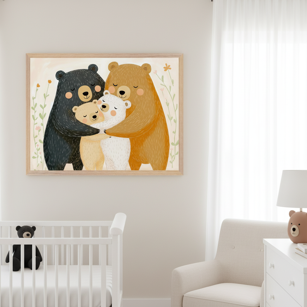 Modern nursery with a white crib and cream armchair. A large framed illustration of four hugging bears (black, brown, tan, white) with green foliage hangs on the wall above the furniture.